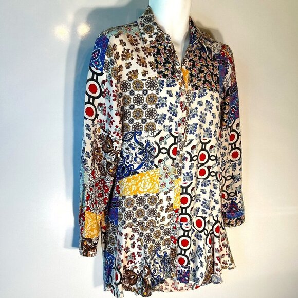 For the Republic SZM Patchwork print button front tunic Preppy Western Boho - Picture 1 of 10